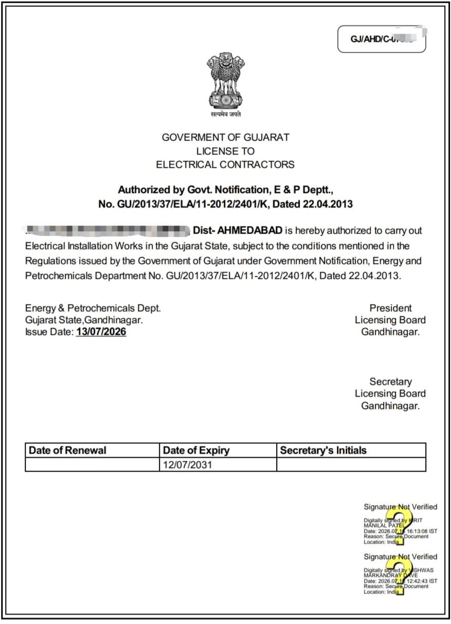 Electrical contractor licence gujarat